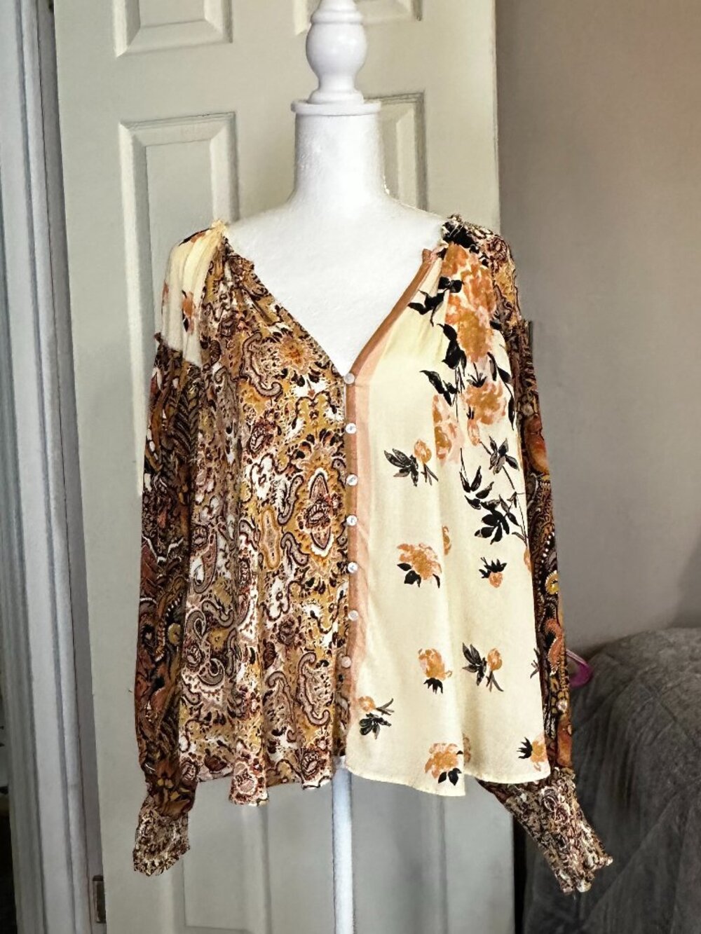 NWT Free People Gemini Blouse Sand Combo Patchwork Boho Top - Small